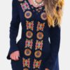 Ethnic Printed V-neck Long Flare Sleeve Vintage Dress