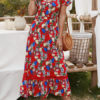 Floral Short Sleeves V Neck Split Long Maxi Dresses
