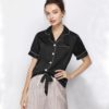 Lapel Collar Short Sleeve Striped Sleepwear - Image 3