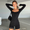 Long Sleeve Letters Embroidery Bodycon Sexy Playsuit