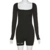Long Sleeve Letters Embroidery Bodycon Sexy Playsuit - Image 2