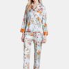 Satin Lapel Casual Loungewear Floral Printed Pajamas