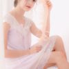 Sexy Sleepwear Night Gown Lace V Neck Short Sleeve Bows Tulle Nightwear - Image 2