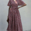 Short Sleeves V Neck Sash Wrap Maxi Dresses - Image 3