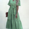 Short Sleeves V Neck Sash Wrap Maxi Dresses - Image 7