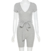 Solid Ribbed Sashes V-neck Romper - Image 5