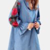 Vintage Flower Embroidery Elastic Sleeve Notched Neck Mini Dress