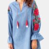 Vintage Flower Embroidery Elastic Sleeve Notched Neck Mini Dress - Image 2