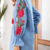 Vintage Flower Embroidery Elastic Sleeve Notched Neck Mini Dress - Image 3