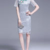Bodycon High Collar Casual Embroidered Short Sleeves Lace Hollow Out Pencil Dress