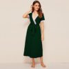 Deep V Neck Lace Trim Self Belt Wrap Night Dress