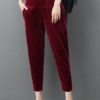 Elastic Waist Pockets Solid Color Velvet Pants - Image 2