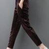 Elastic Waist Pockets Solid Color Velvet Pants - Image 7