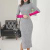 Fashion Patchwork Hit Color Knitted Cotton Skinny Sweater Dress