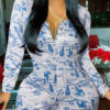 Floral Print Jewel Neck Long Sleeves Buttons Polyester Skinny Jumpsuit - Image 2