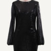 Jewel Neck Sexy Sequins Long Sleeves Puffed Sleeves Club Dress - Image 5