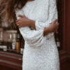 Jewel Neck Sexy Sequins Long Sleeves Puffed Sleeves Club Dress - Image 2