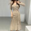 Sexy V-Neck Belted Knit Sweater Dresses