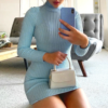 Sexy slim fit dress Solid color tight high collar long sleeve dress