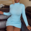 Sexy slim fit dress Solid color tight high collar long sleeve dress - Image 3