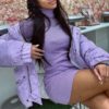 Sexy slim fit dress Solid color tight high collar long sleeve dress - Image 4