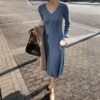 Thick Knit V-Neck A-line Midi Sweater Dress - Image 3