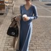 Thick Knit V-Neck A-line Midi Sweater Dress - Image 4