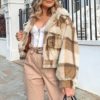 Casual Plaid Long sleeve lapel fur coat