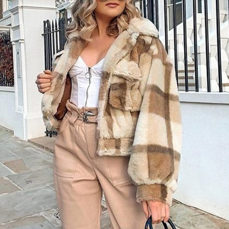 Casual Plaid Long sleeve lapel fur coat