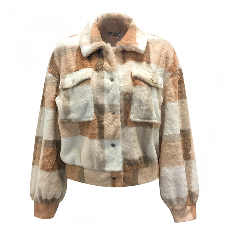 Casual Plaid Long sleeve lapel fur coat - Image 3