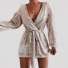 Deep V Neck Sashes Long Sleeve Bodycon Mini Dress