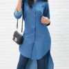 Denim Turndown Collar Long Sleeve High Low Casual Shirts - Image 3
