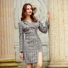 Elegant plaid double breasted belt dress - Image 2