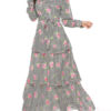 Embellished Collar Long Sleeves Stripes Tiered Long Maxi Dress