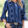 Jewel Neck Casual Plaid Long Sleeves Polyester Tops - Image 2