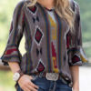 Jewel Neck Casual Plaid Long Sleeves Polyester Tops - Image 3