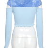 Jewel Neck Long Sleeves Casual Patch Open Shoulder Polyester Crop Tops - Image 3