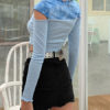 Jewel Neck Long Sleeves Casual Patch Open Shoulder Polyester Crop Tops - Image 4