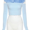 Jewel Neck Long Sleeves Casual Patch Open Shoulder Polyester Crop Tops - Image 5
