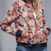 Jewel Neck Zipper Color Block Floral Print Polyester Cotton Lightweight Jacket