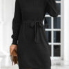 Knitted Jewel Neck Long Sleeve Lace Up Sweater Dresses - Image 3