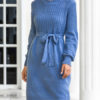 Knitted Jewel Neck Long Sleeve Lace Up Sweater Dresses - Image 2