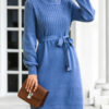 Knitted Jewel Neck Long Sleeve Lace Up Sweater Dresses