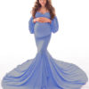Maternity Long Sleeves Bateau Neck Pleated Split Open Shoulder Floor Length Maxi Dress