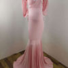 Maternity Long Sleeves Bateau Neck Pleated Split Open Shoulder Floor Length Maxi Dress - Image 6