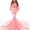 Maternity Long Sleeves Bateau Neck Pleated Split Open Shoulder Floor Length Maxi Dress - Image 5