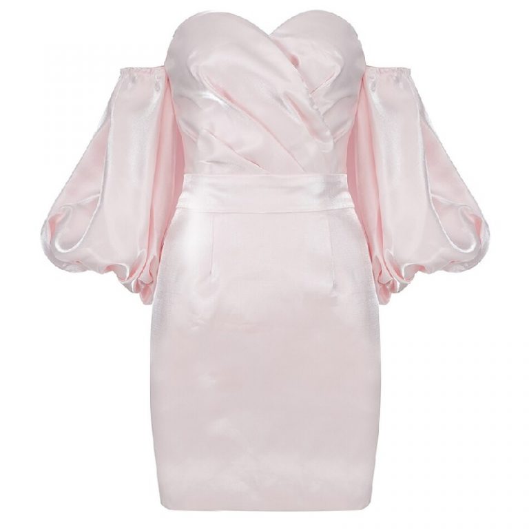 Off Shoulder Sexy Long Puff Sleeve Draped Club Mini Dress - Image 3