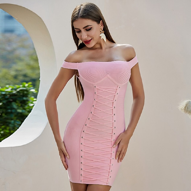 Off Shoulder Sexy Short Sleeve Celebrity Runway Party Bodycon Dress - Image 3