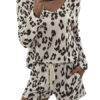 Polyester Leopard Print Casual Long Sleeves Jewel Neck Top With Shorts - Image 2