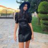 Puff Short Sleeve O Neck Pleated Bodycon Mini Dress - Image 2